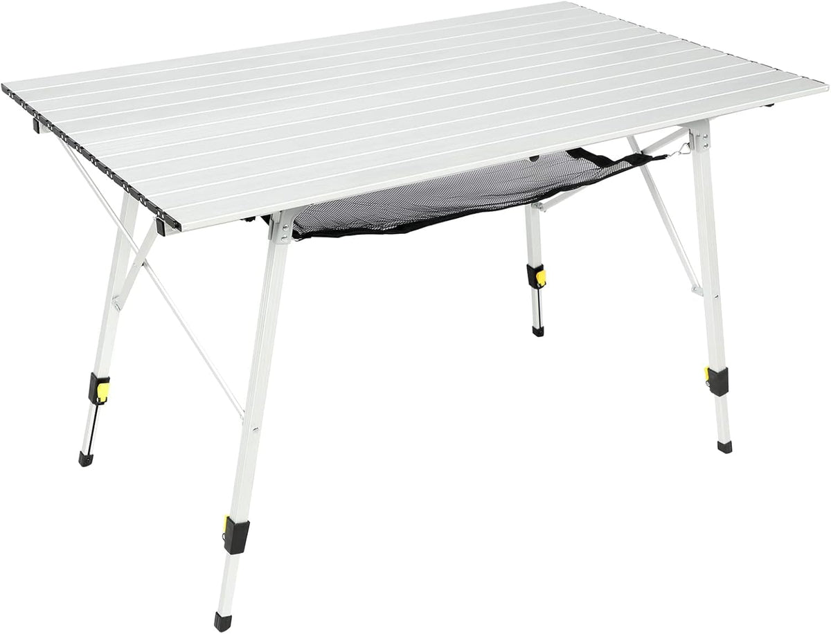 Portal camping table adjustable legs for uneven terrain and comfortable height.
