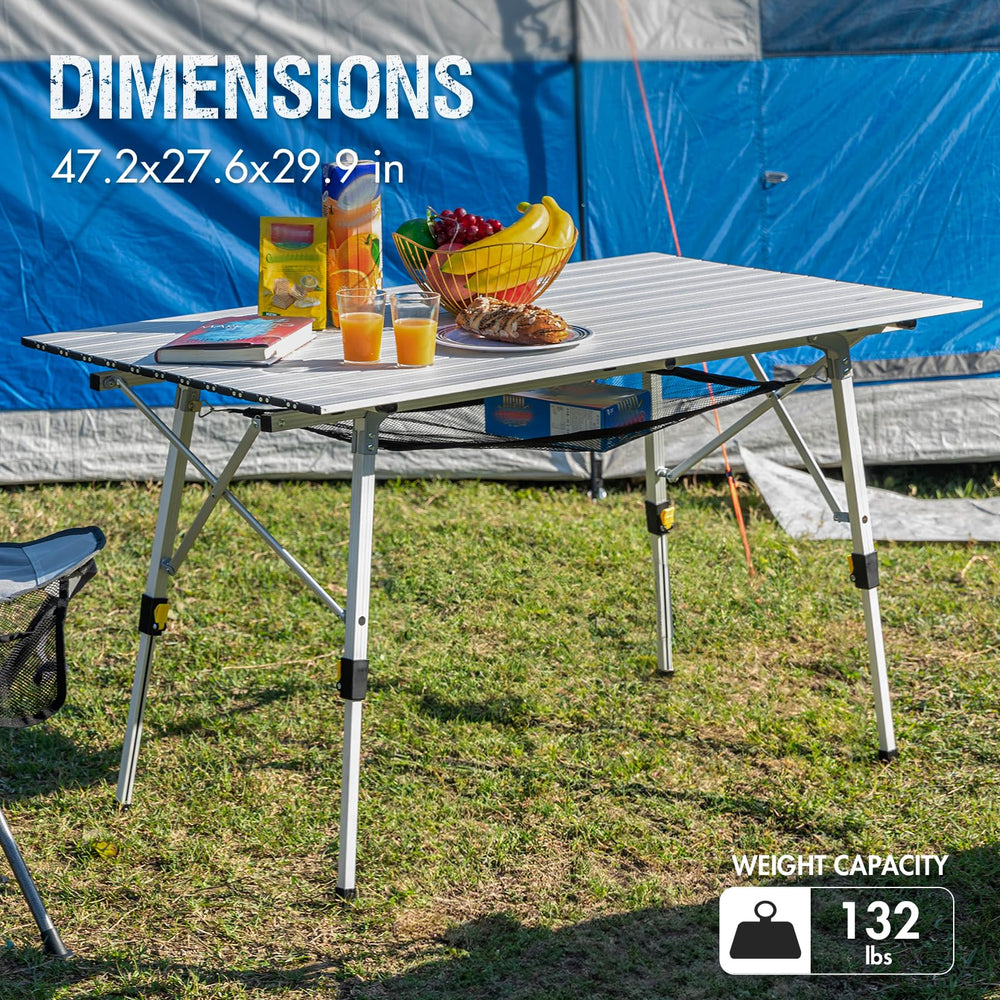 Portal camping table top measures 47.2 by 27.6 inches for versatile setups.