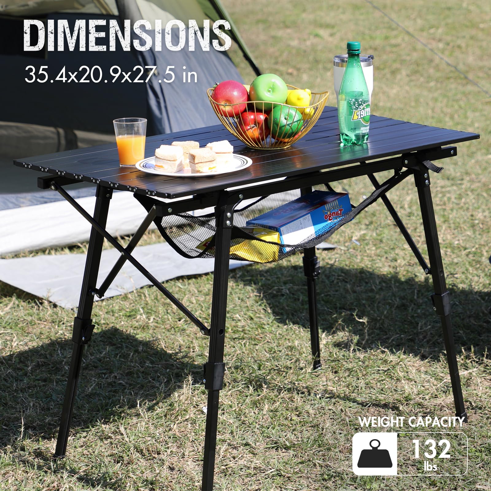 Portal camping table quick-setup enables fast assembly.