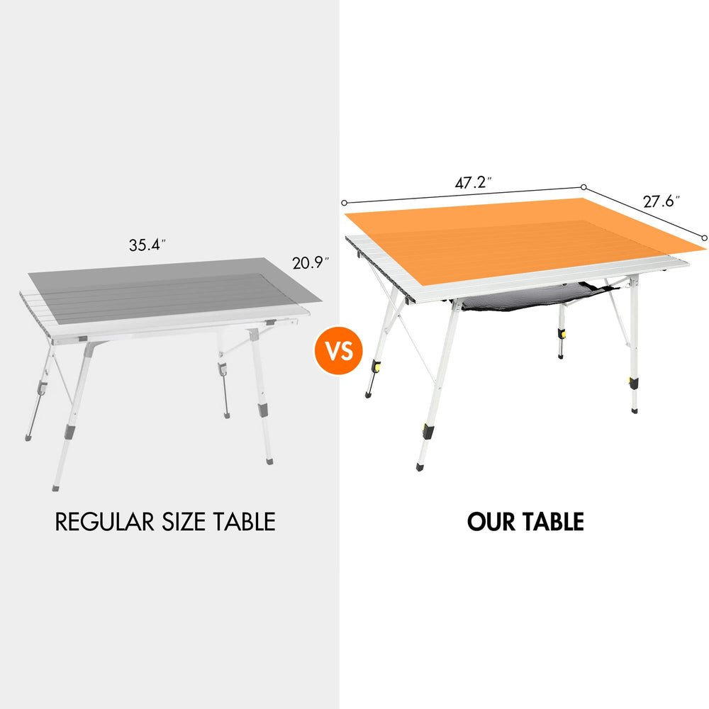 Portal camping table with storage mesh layer for organizing snacks.