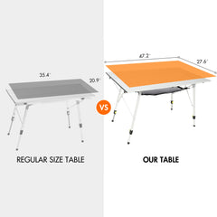 Portal camping table with storage mesh layer for organizing snacks.