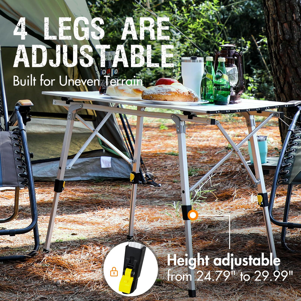 Portal camping table waterproof surface ready for any weather.