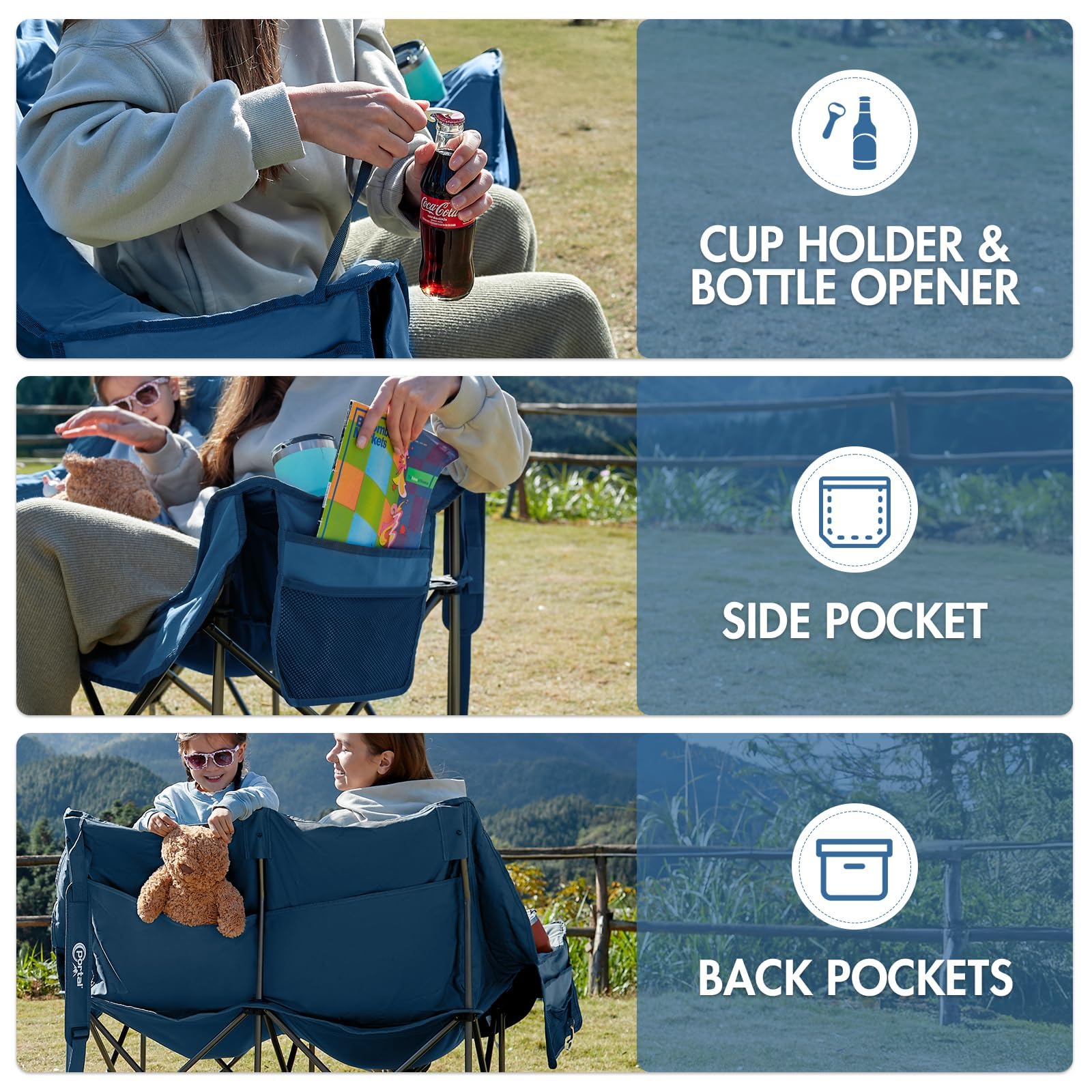 Portal chair displays dual cup holders and a bottle opener for beverages.