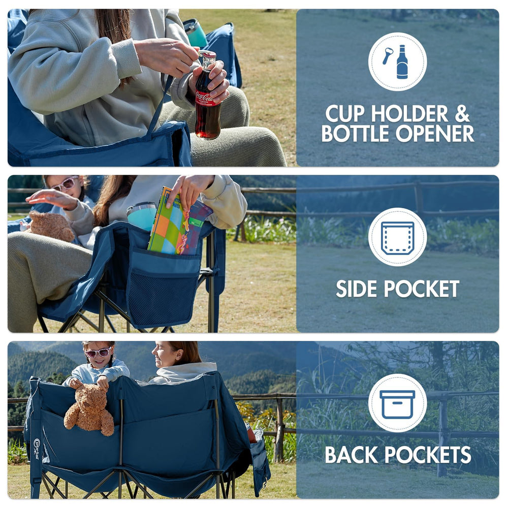 Portal chair displays dual cup holders and a bottle opener for beverages.