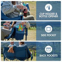 Portal chair displays dual cup holders and a bottle opener for beverages.