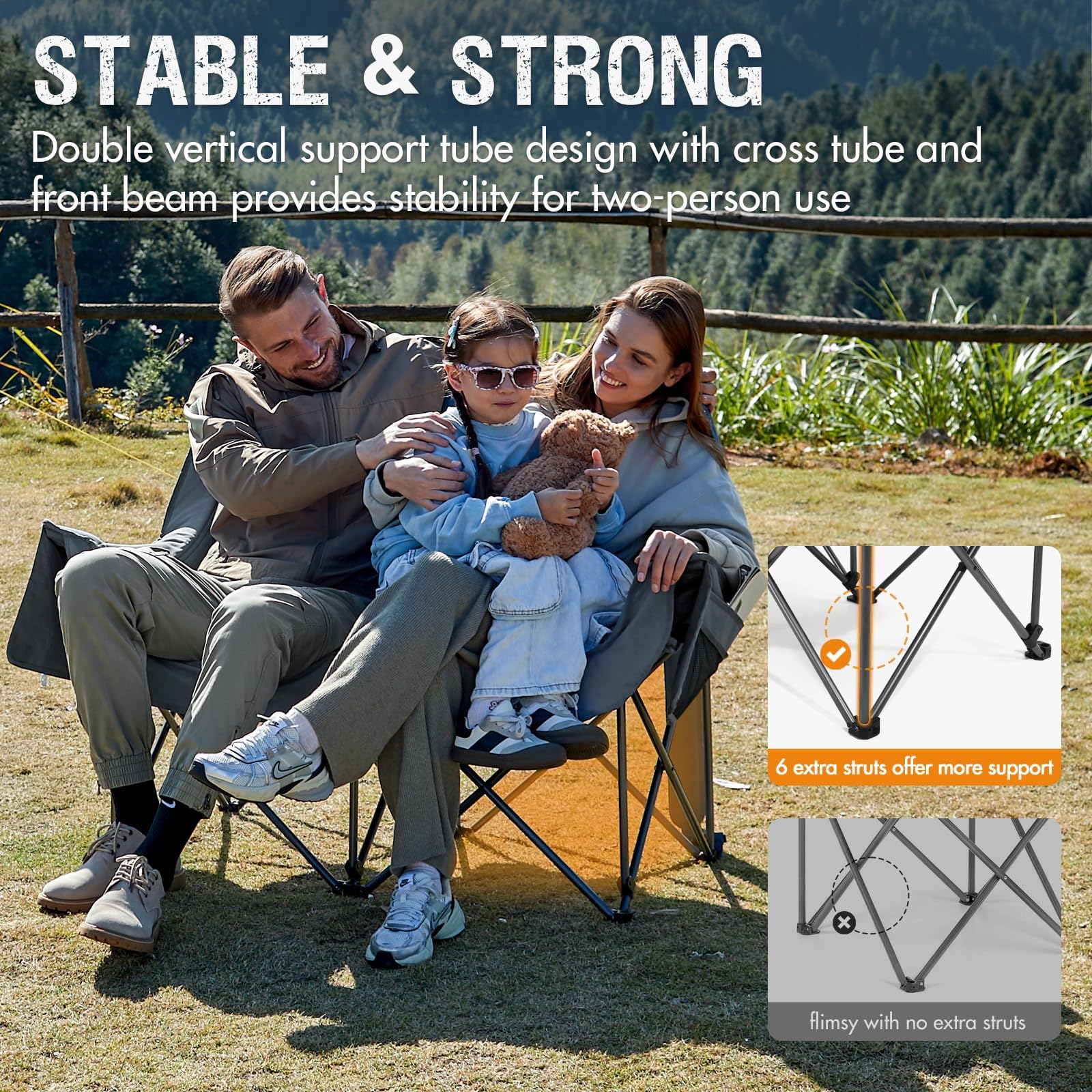 Portal double camping chair heavy-duty reinforced steel frame for stable seating.