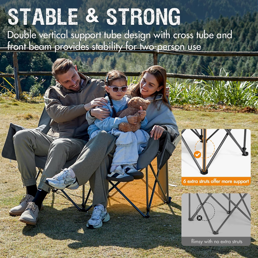 Portal double camping chair heavy-duty reinforced steel frame for stable seating.