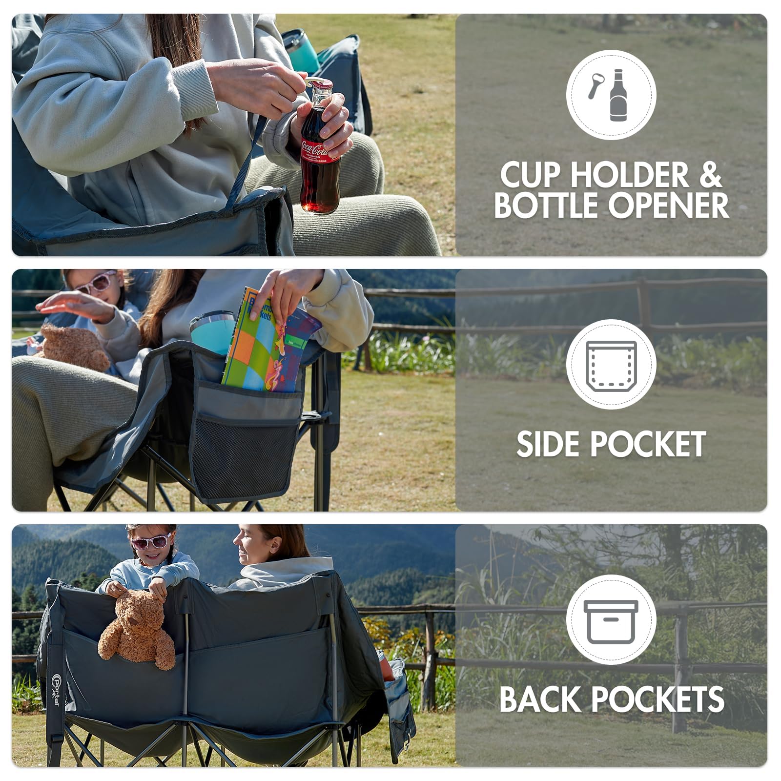Portal double camping chair in use on lawn for outdoor relaxation.