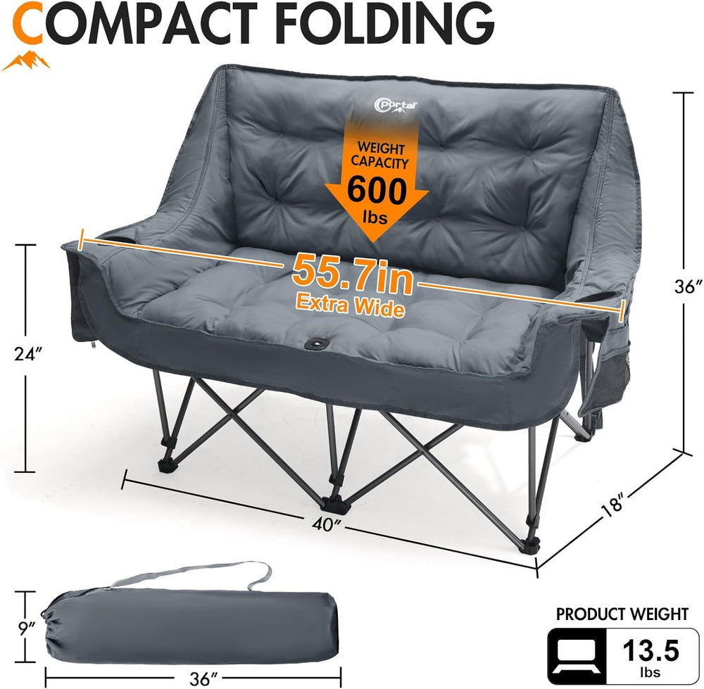 Portal double camping chair side pockets and cupholders for quick refreshment.