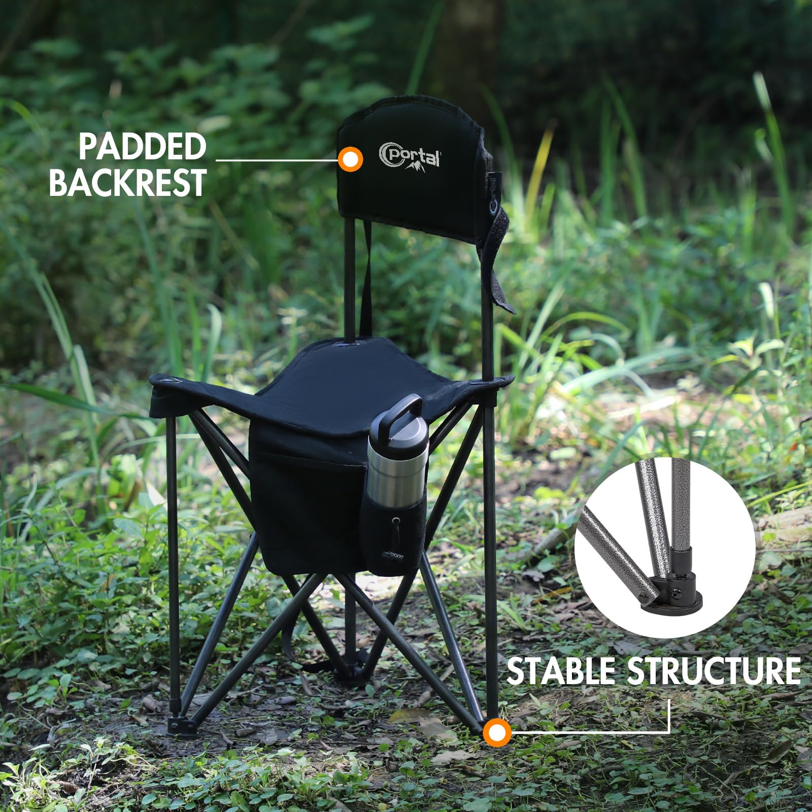Portal tripod stool in camping scene by water for fishing or boating