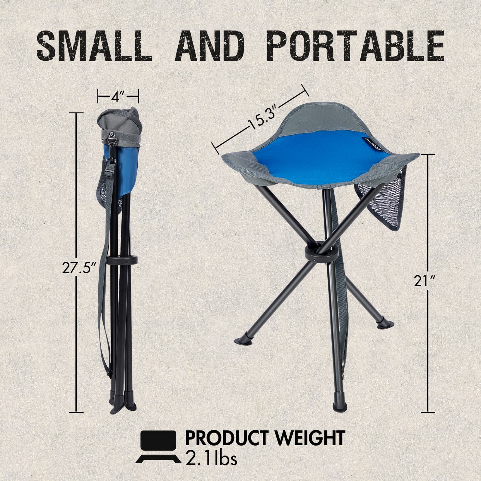 Portal folding camping stool shows a comfortable 19-inch height for relaxed seating.