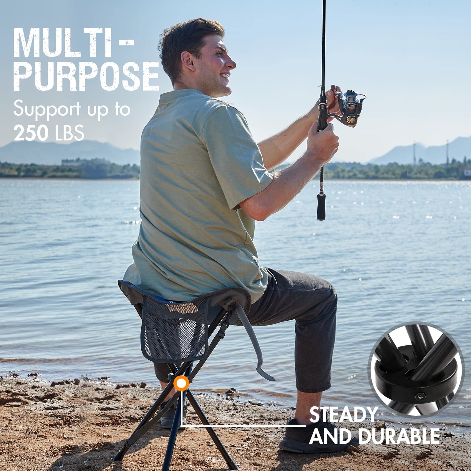Portal stool's mesh side pocket keeps phone and keys within easy reach.