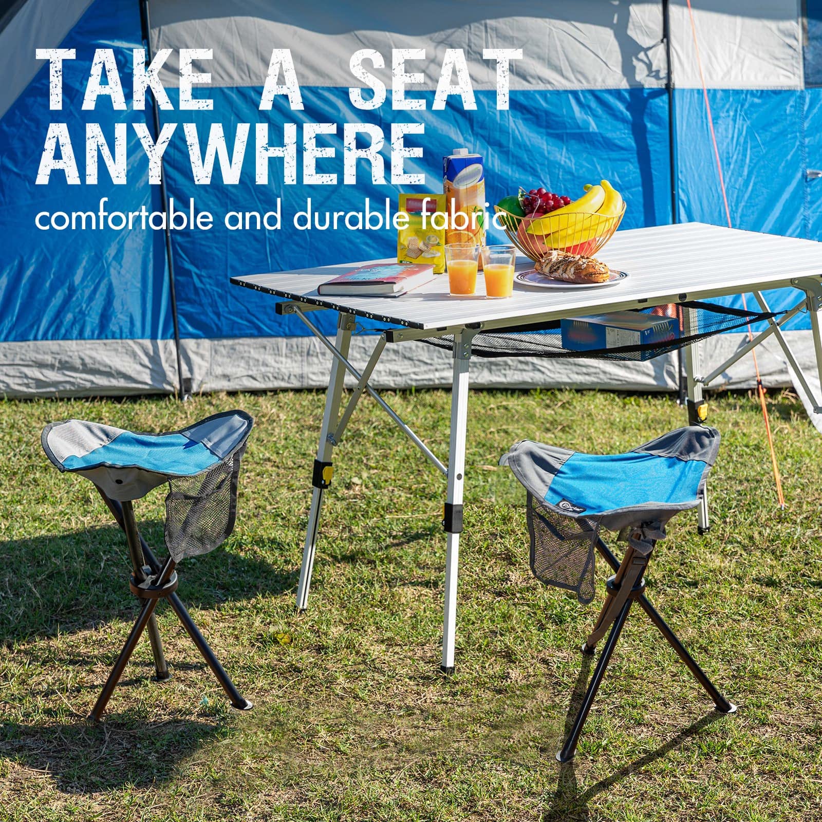 Portal folding camping stool includes a durable shoulder strap for hands-free carrying.