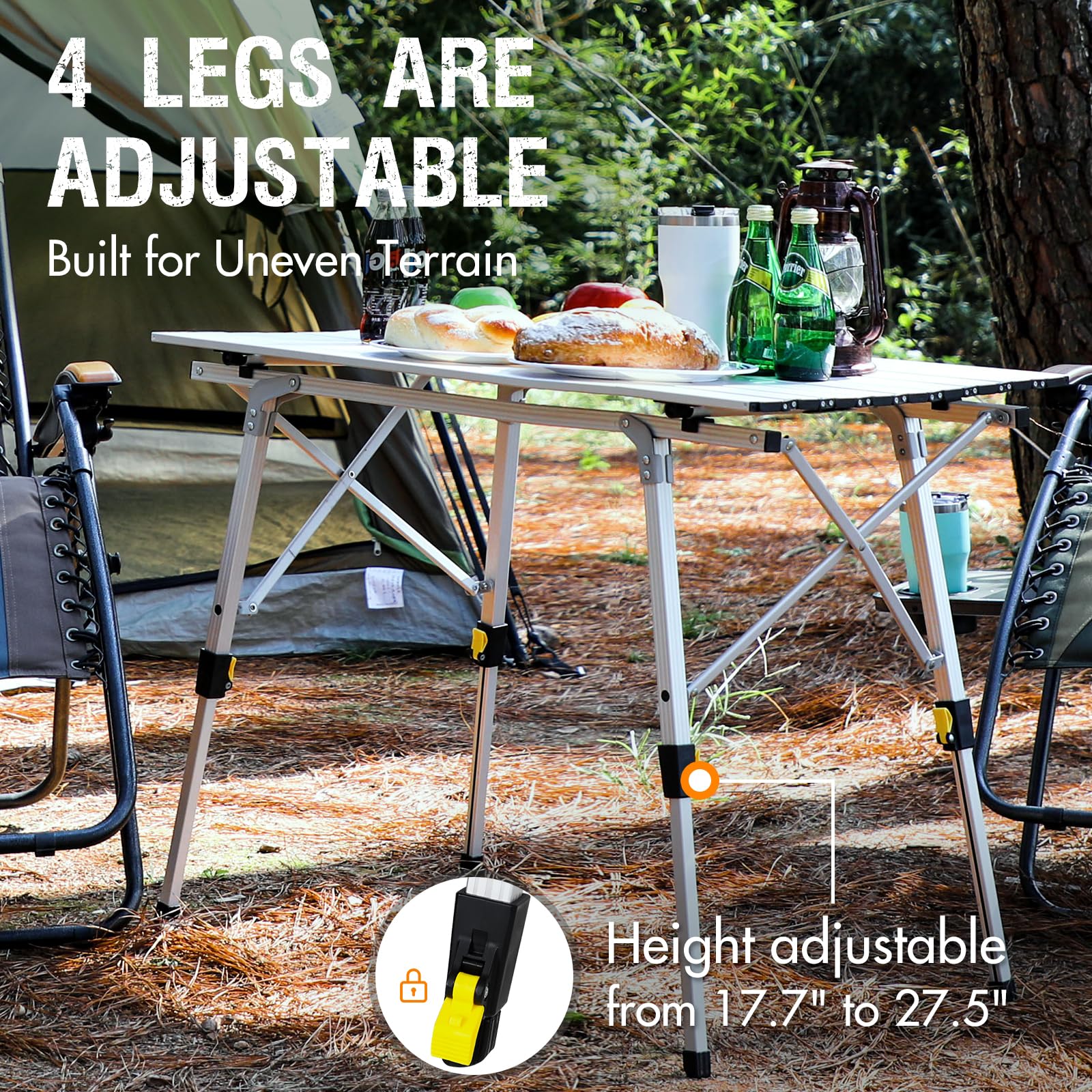 Portal folding legs with non-skid feet stabilize on any surface.