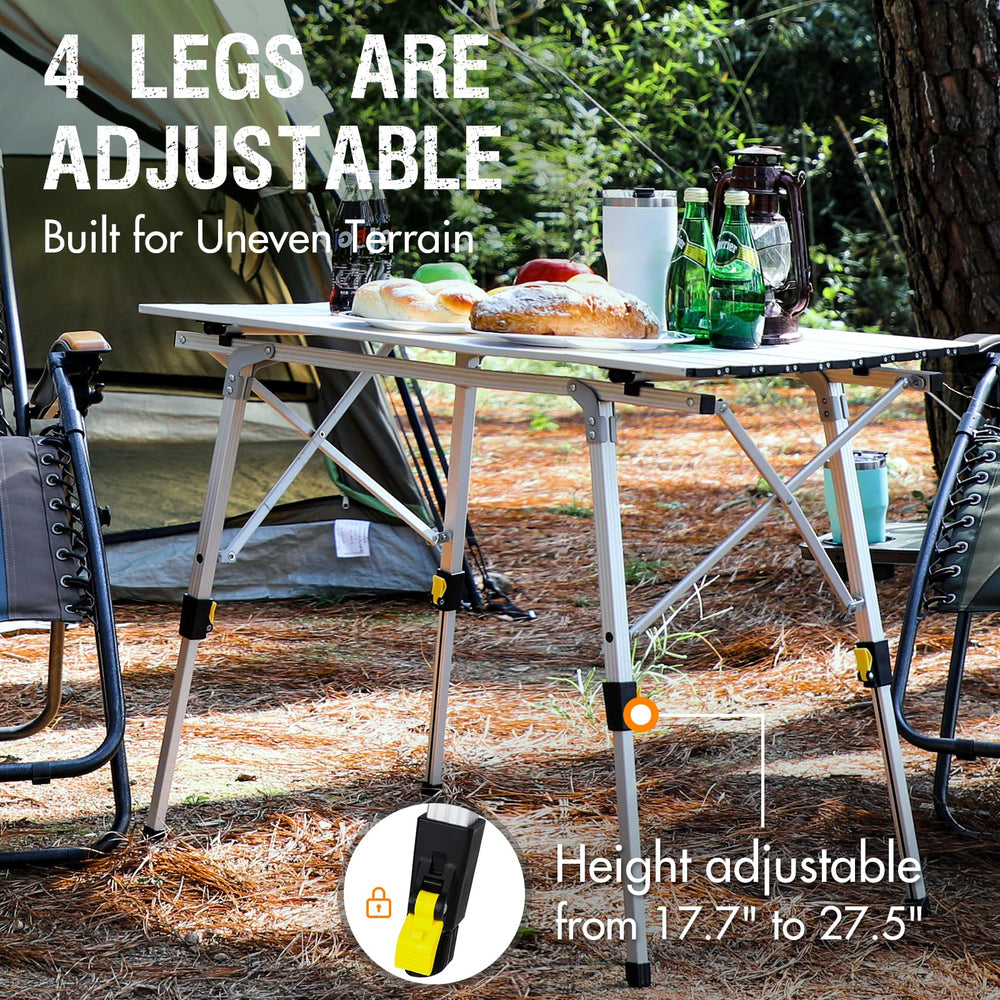 Portal folding legs with non-skid feet stabilize on any surface.