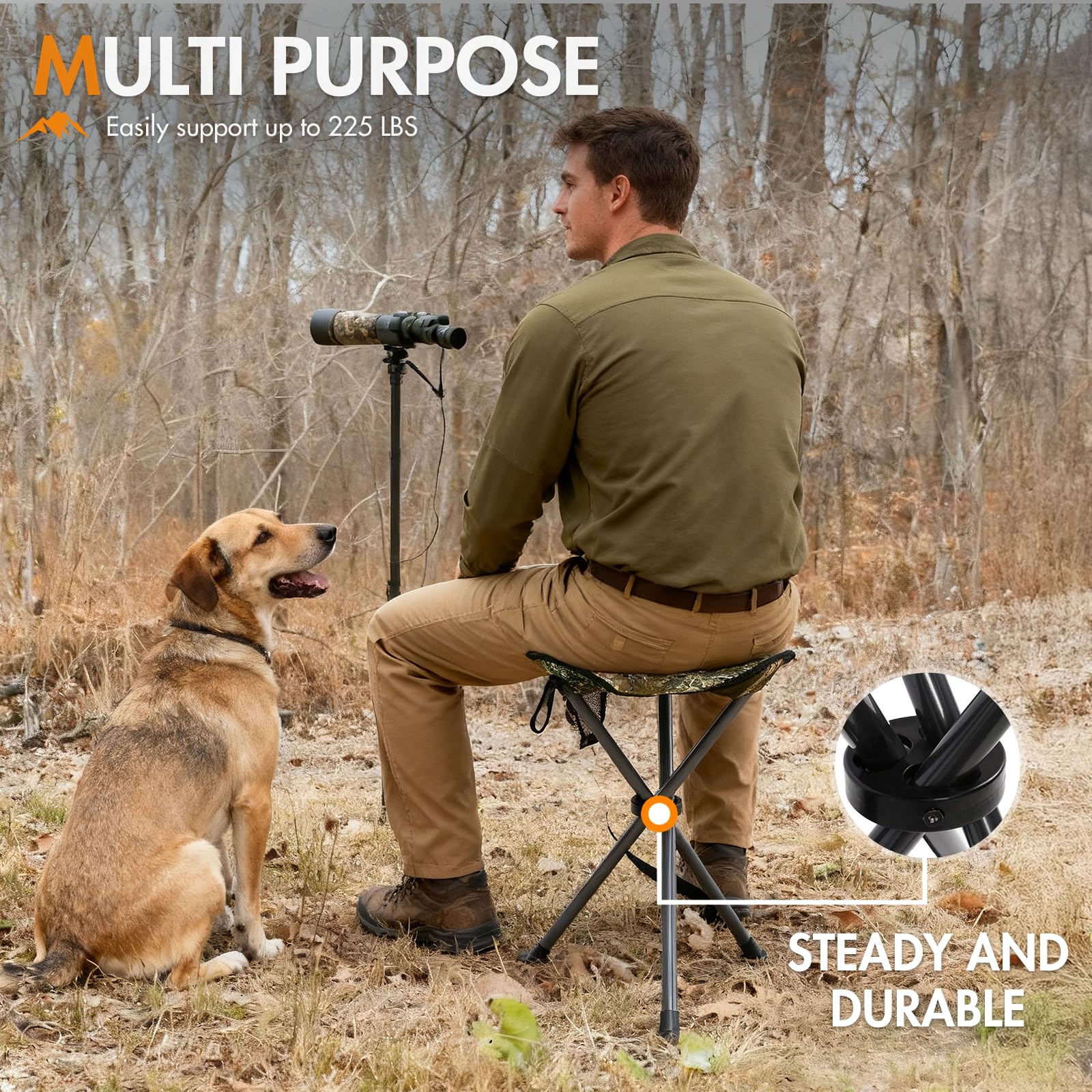Portal folding stool height-friendly design supports comfortable seating.
