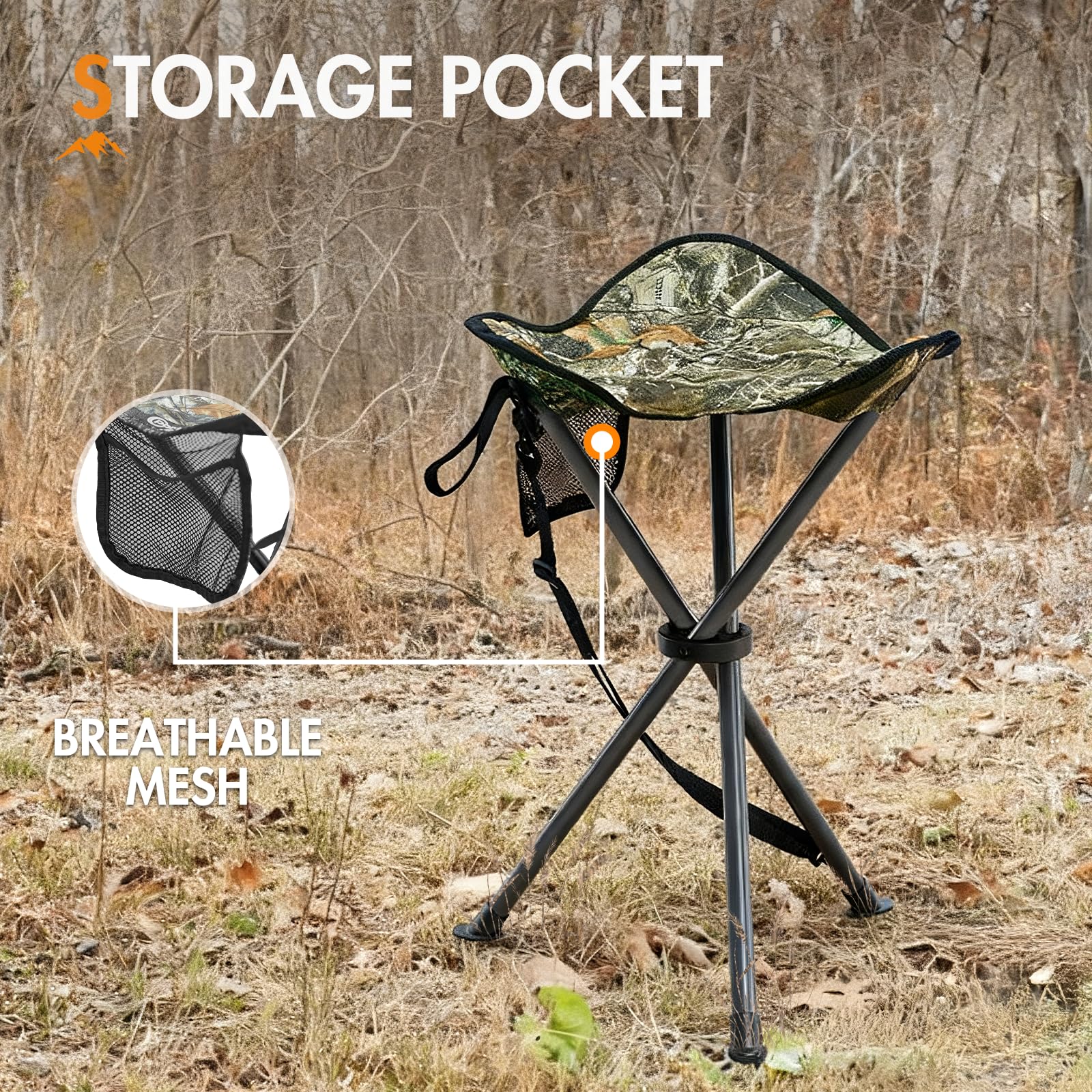 Portal folding stool includes shoulder strap for easy transport.