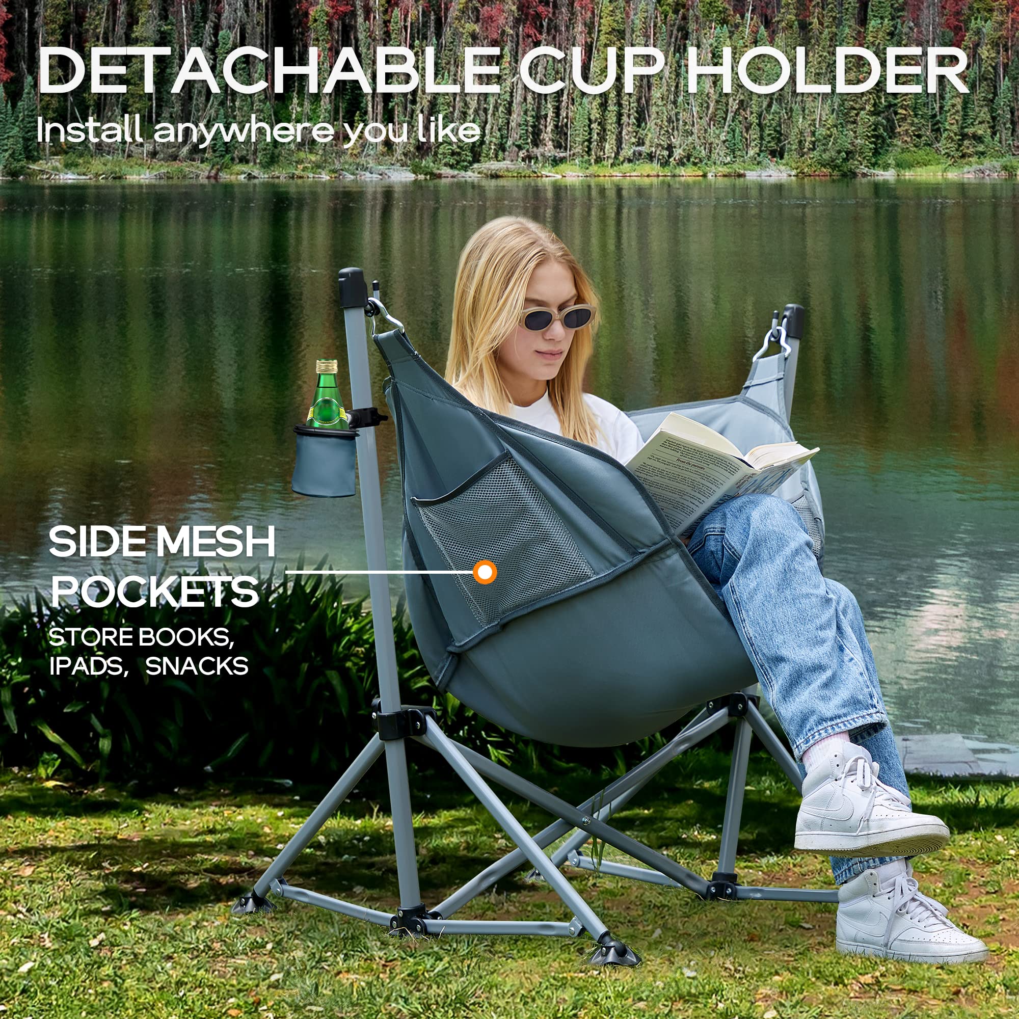 Portal hammock chair in-use demonstrates relaxing sway by the campfire.