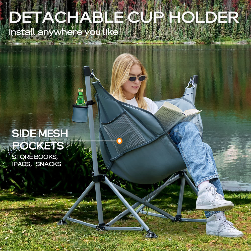 Portal hammock chair in-use demonstrates relaxing sway by the campfire.
