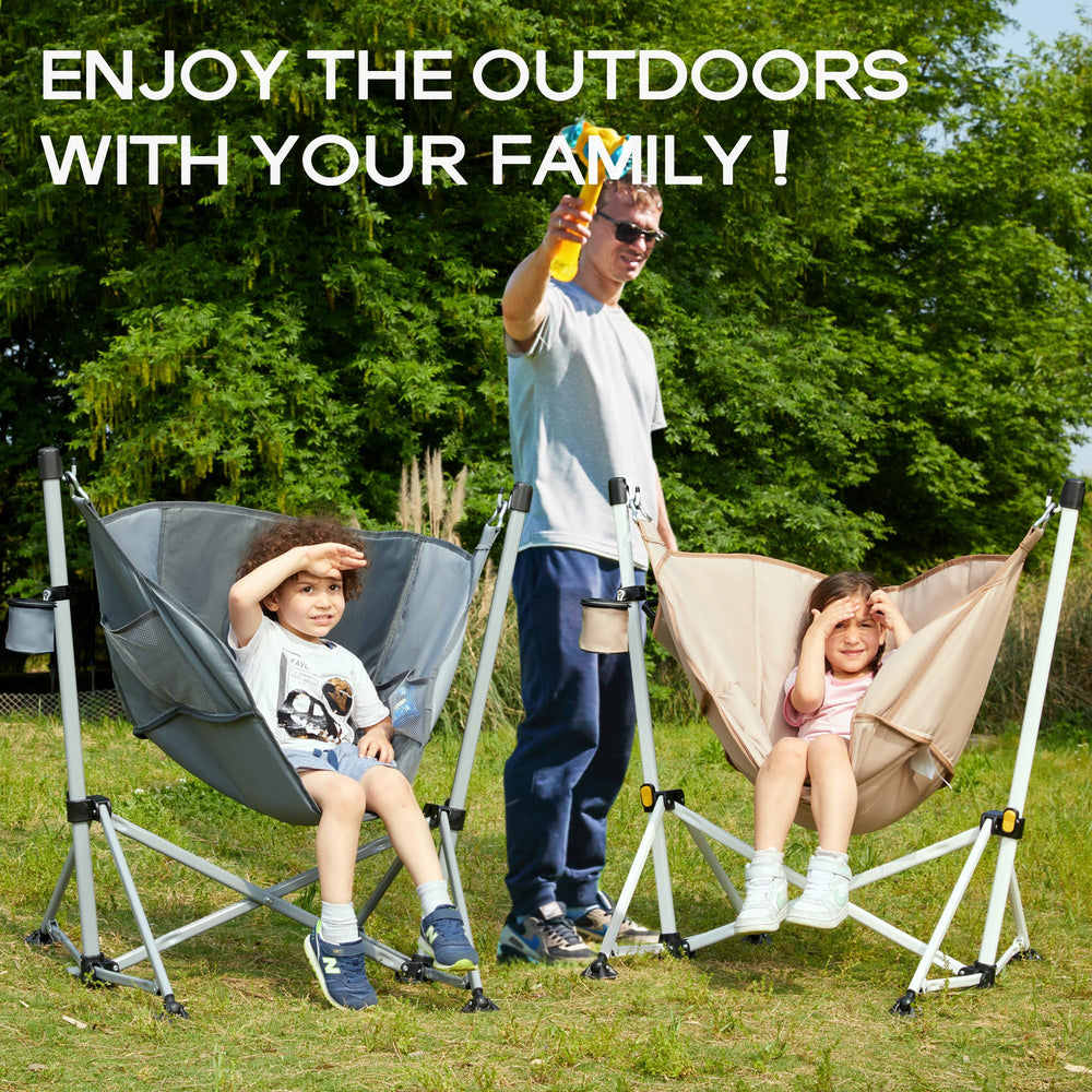 Portal hammock chair on-grass setup suits backyard gatherings and spontaneous picnics.