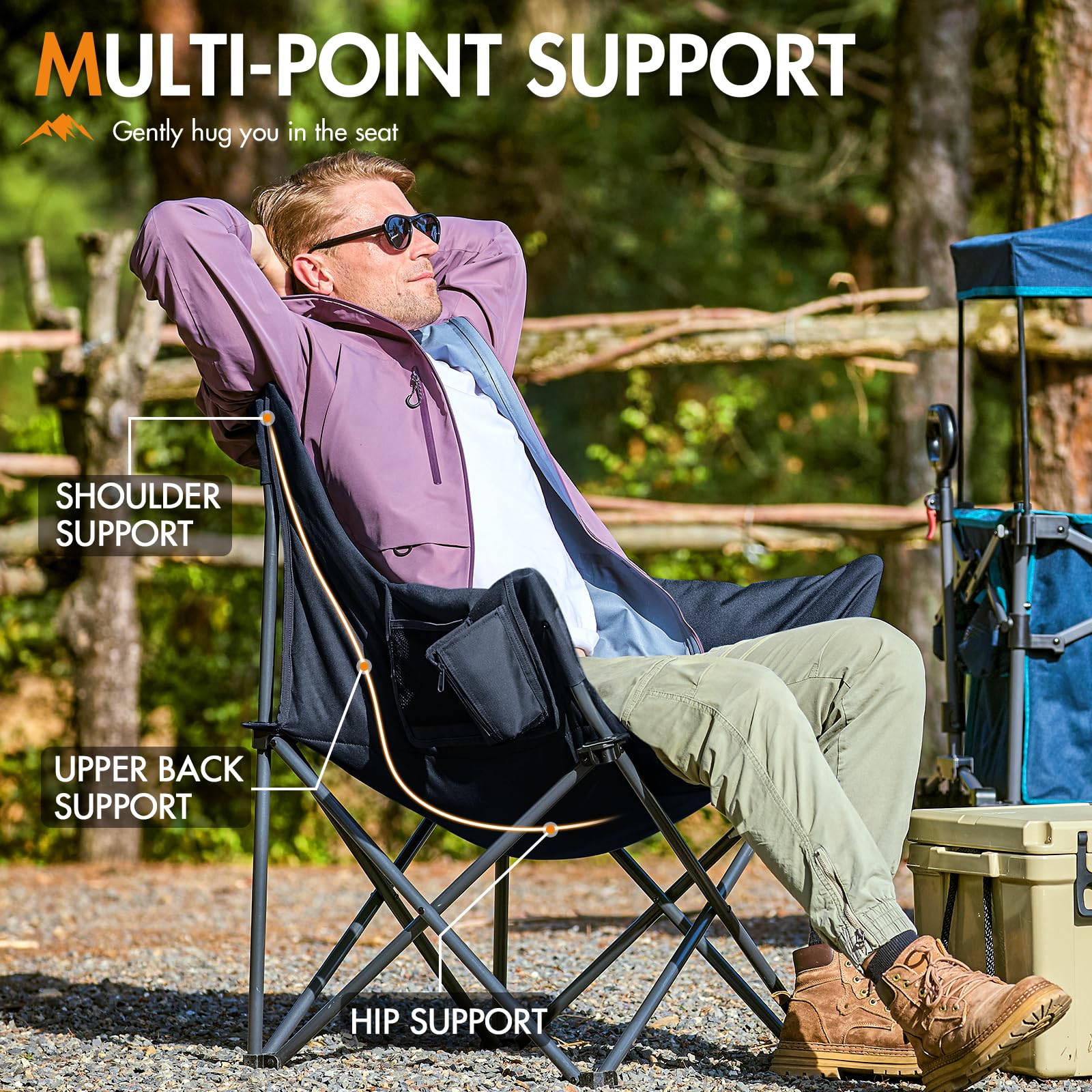 Portal oversized padded camping chair backrest provides ergonomic support during lounge sessions.