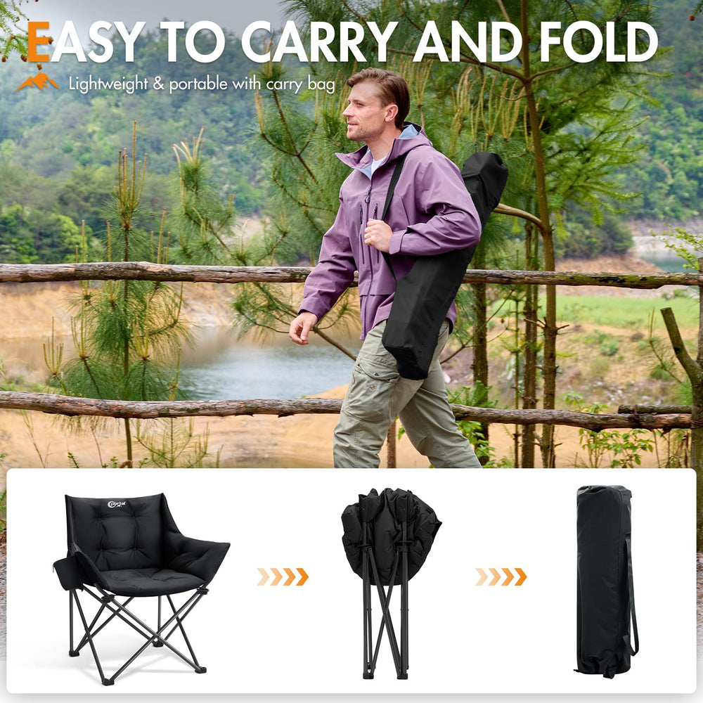 Portal oversized padded camping chair folded in carry bag highlights easy portability for campers.