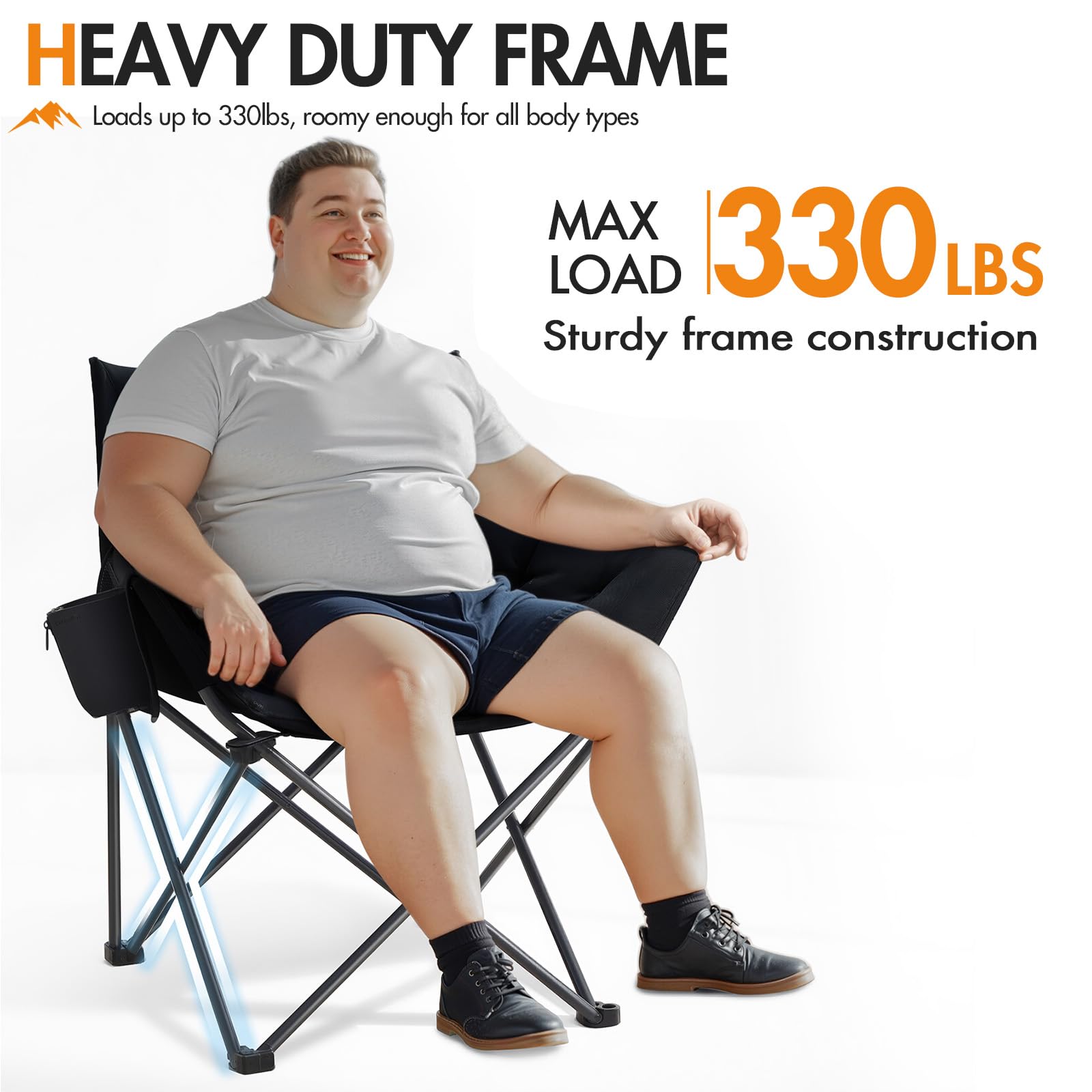 Portal oversized padded camping chair seat detail emphasizes 6 cm plush cushioning for comfort.