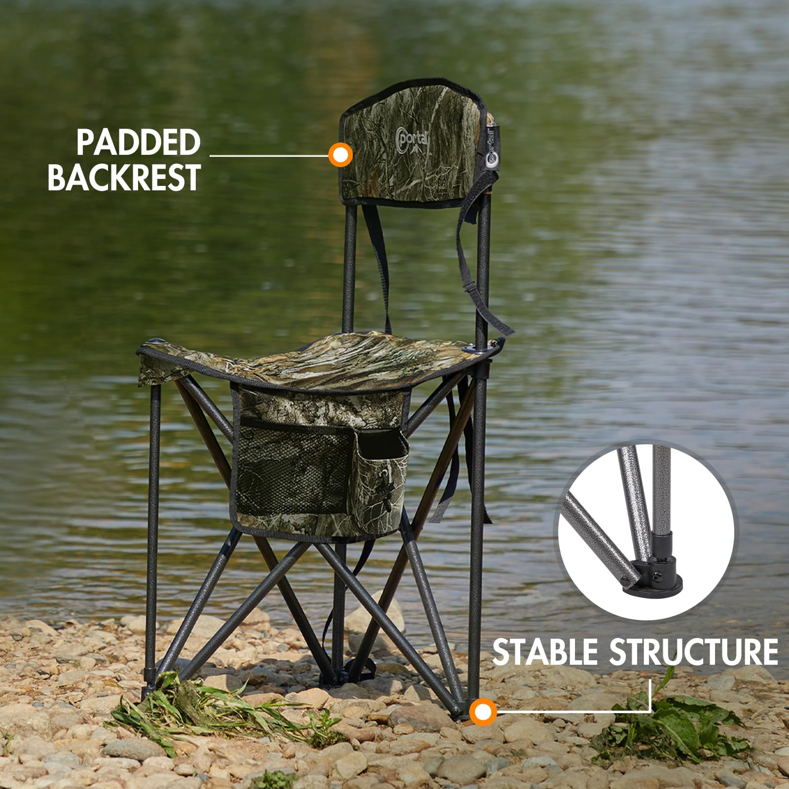 Portal quick-folding tripod setup enables fast, on-the-go seating.
