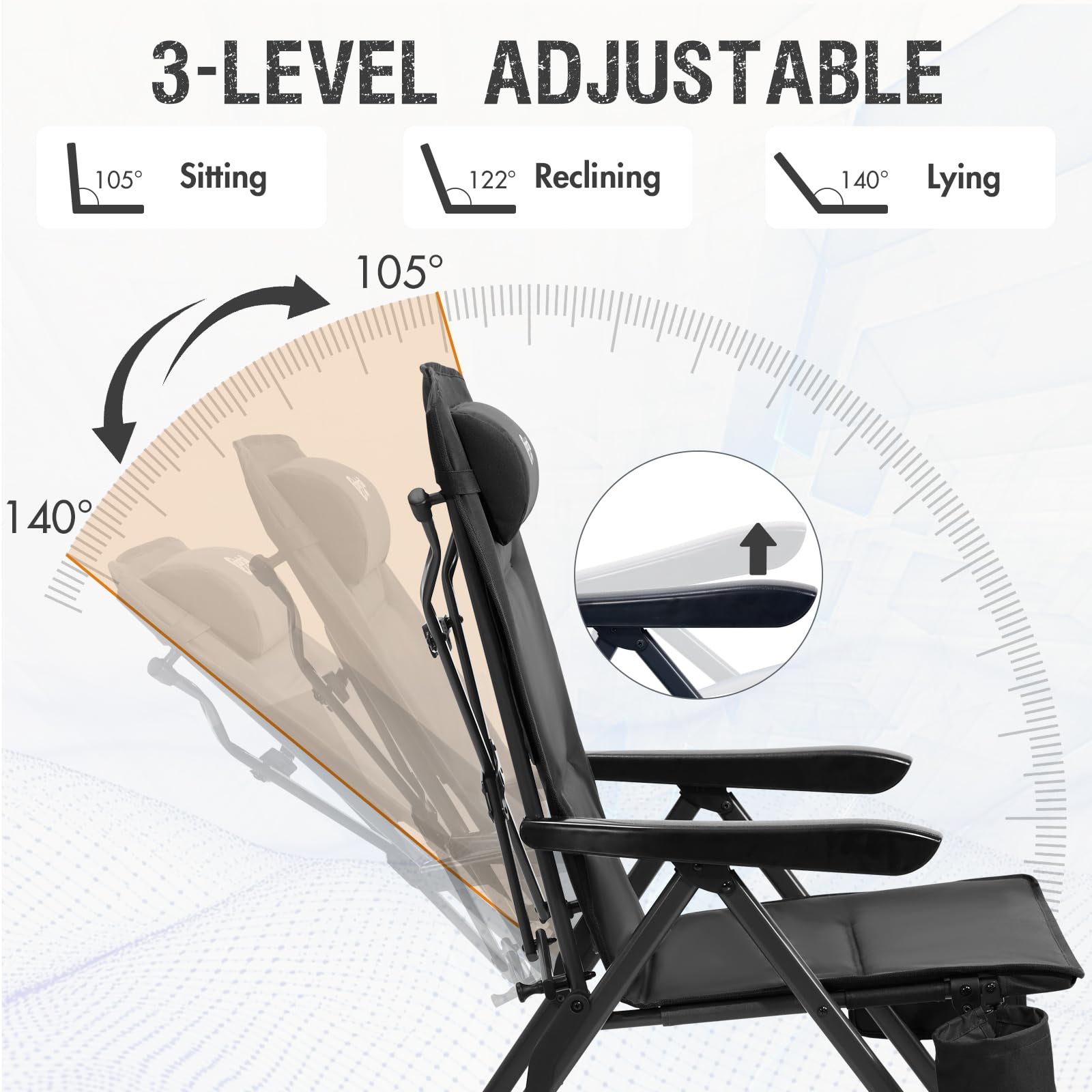 Portal Reclining Camping Chair with cup holder and side pocket for quick access