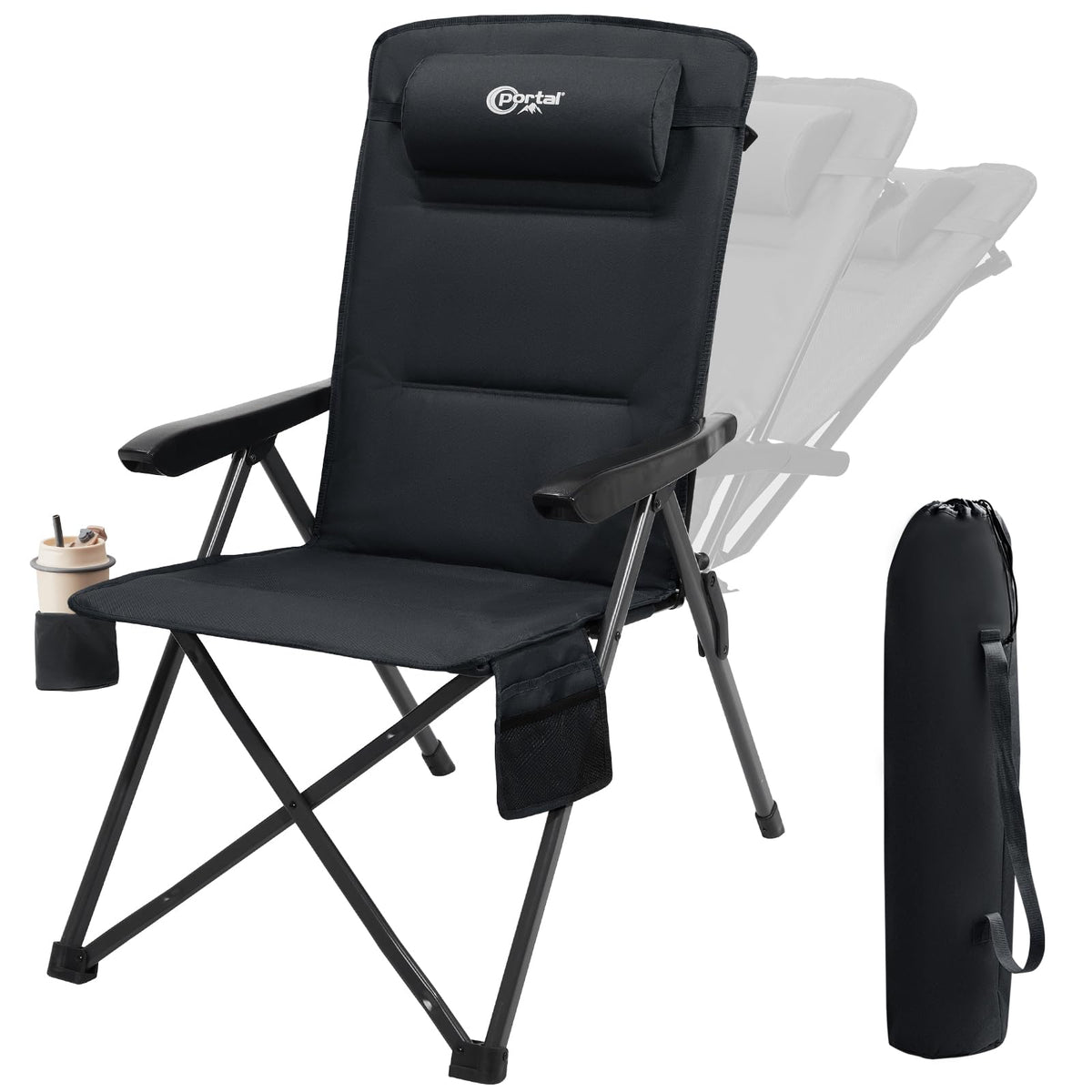 Portal Reclining Camping Chair with high back in black for all-day comfort outdoors
