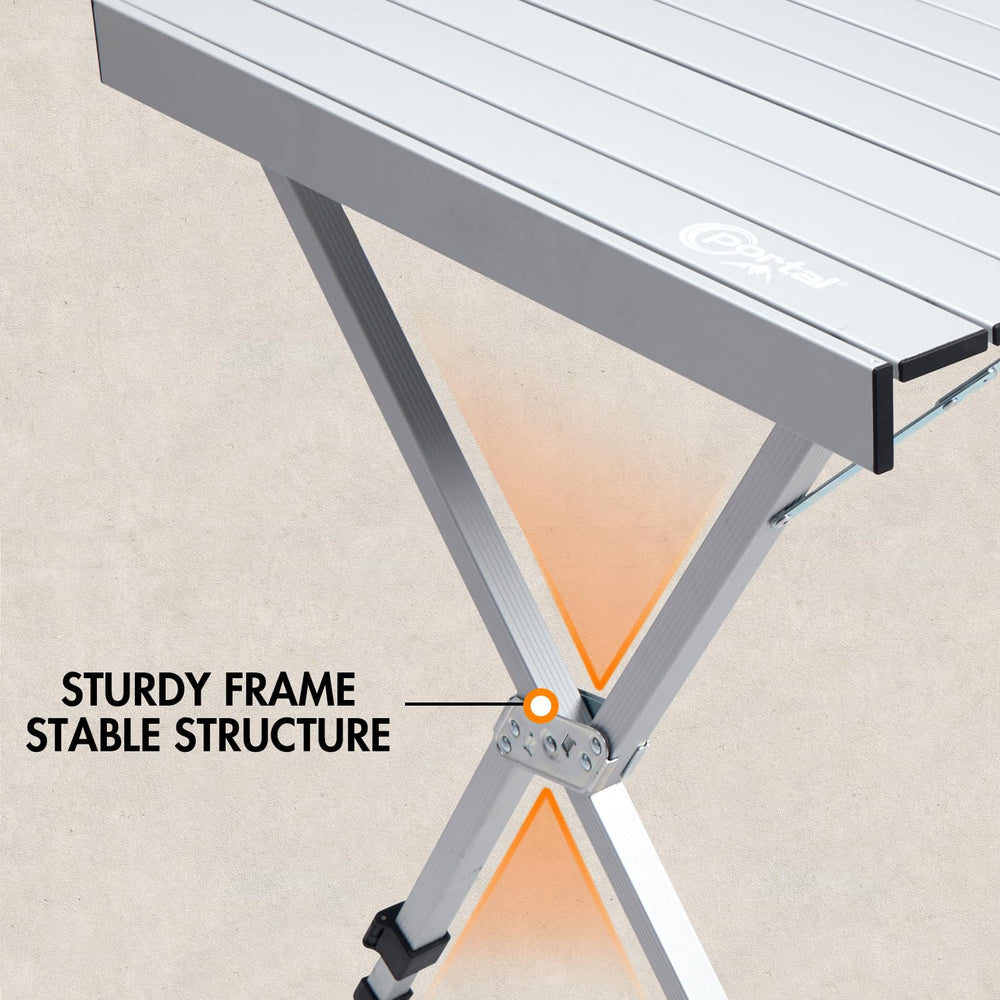 Portal table 220lbs capacity supports meals and gear with stability.