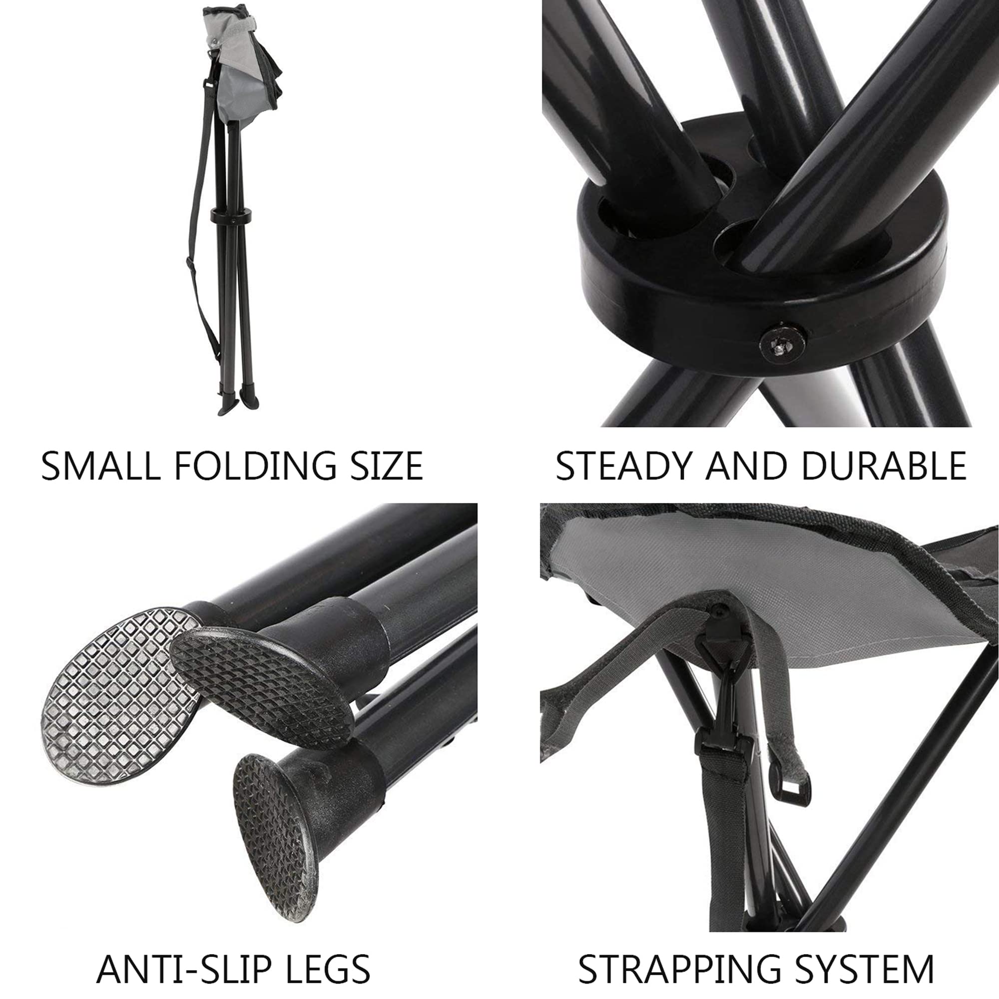 Portal stool with three steel legs for stability on uneven ground.