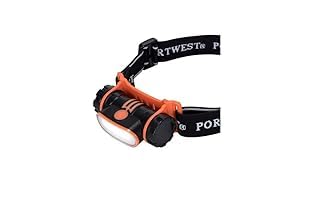 Portwest PA70 headlamp worn with adjustable strap for comfortable wear.