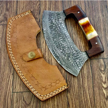 Poshland TTC-111 damascus ulu knife in leather sheath for safe transport.