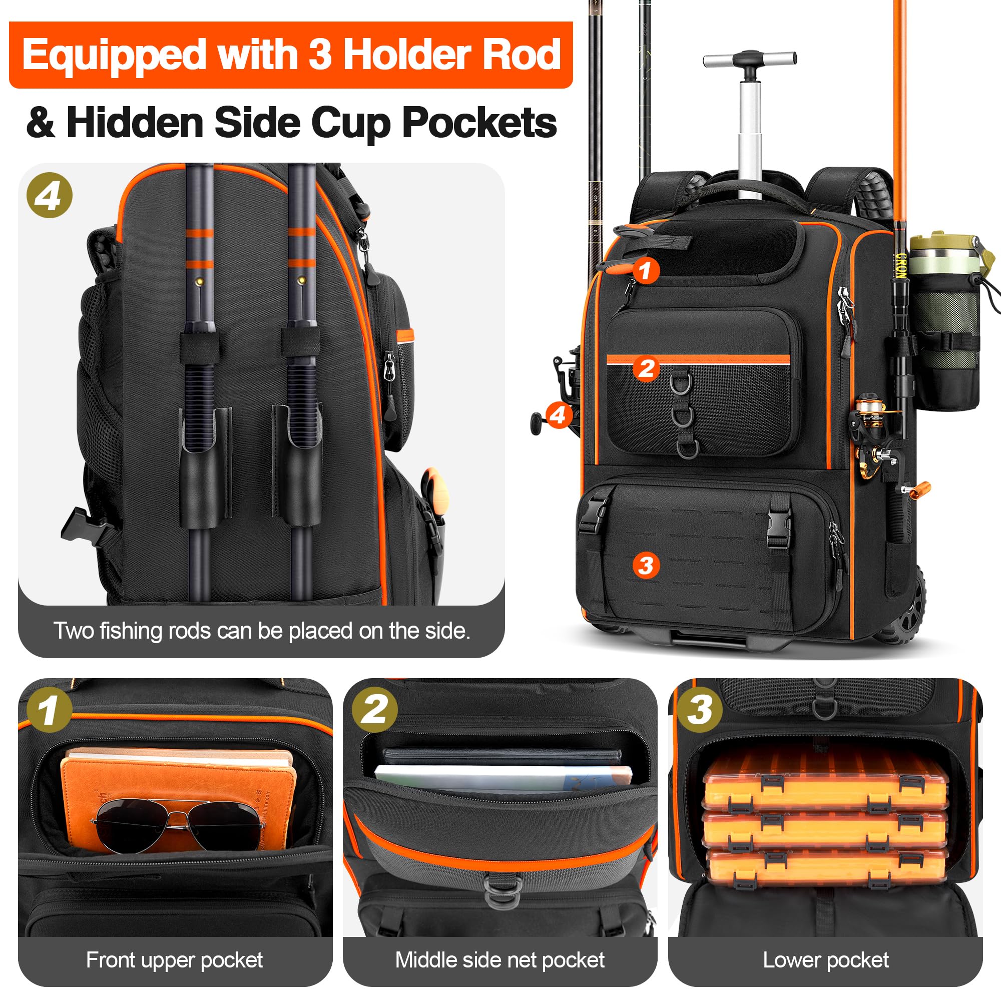 Reinforced side rod holder, water bottle pocket, and zip pouch