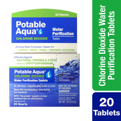 Potable Aqua bottle with tablets for easy camping water purification.