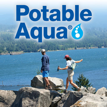 Potable Aqua camping setup showing a compact water purification solution.