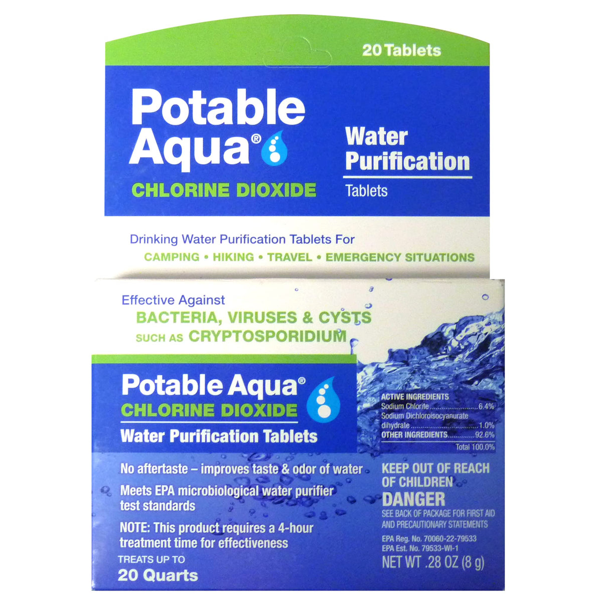 Potable Aqua 20-pack tablets ready for outdoor water purification on the go.