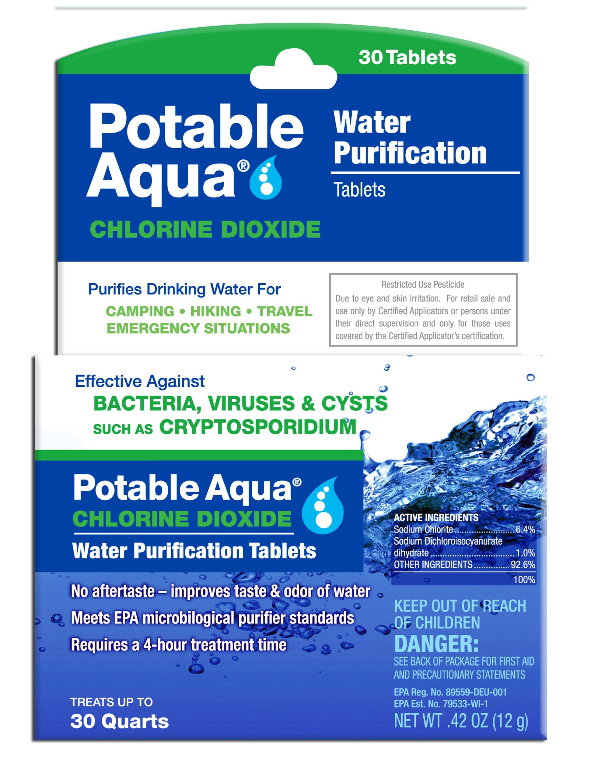 Potable Aqua tablets pack used for safe water purification on the go.