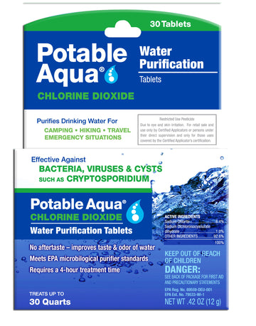 Potable Aqua tablets pack used for safe water purification on the go.