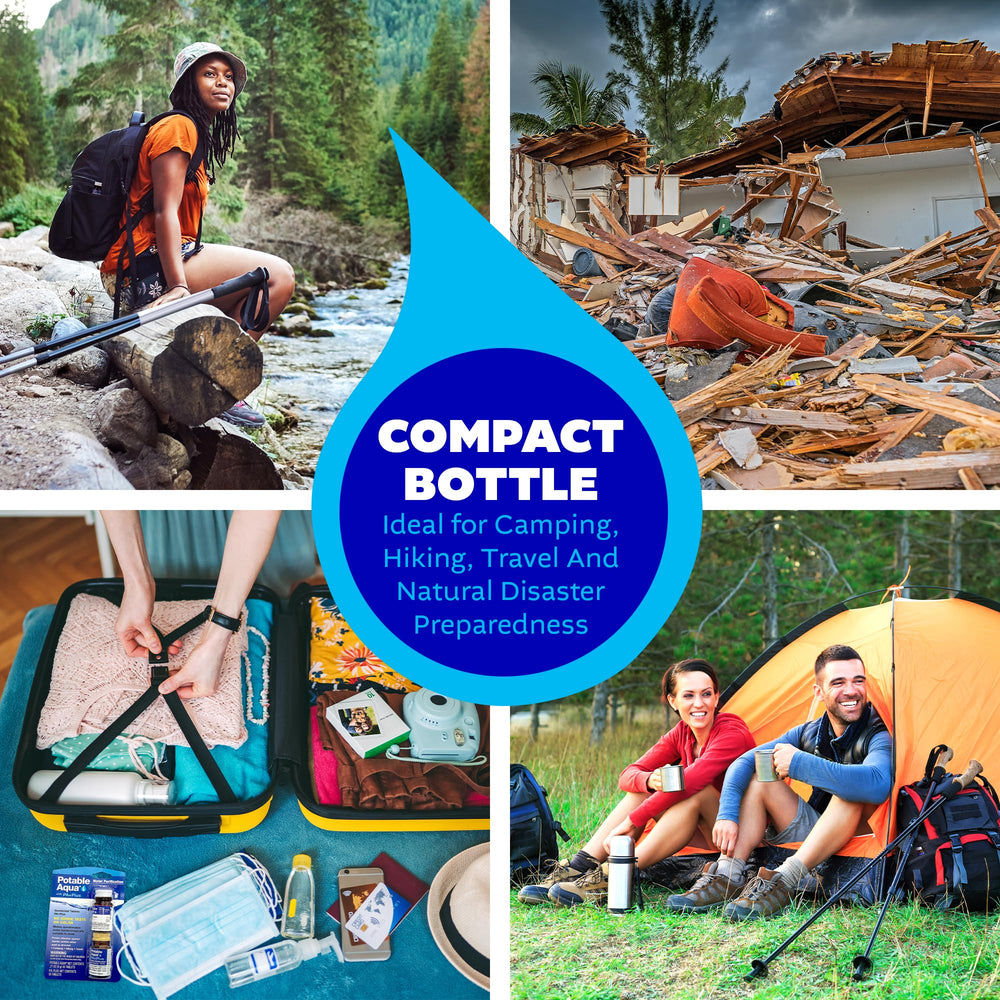 Potable Aqua emergency water purification kit shown for outdoor prep.