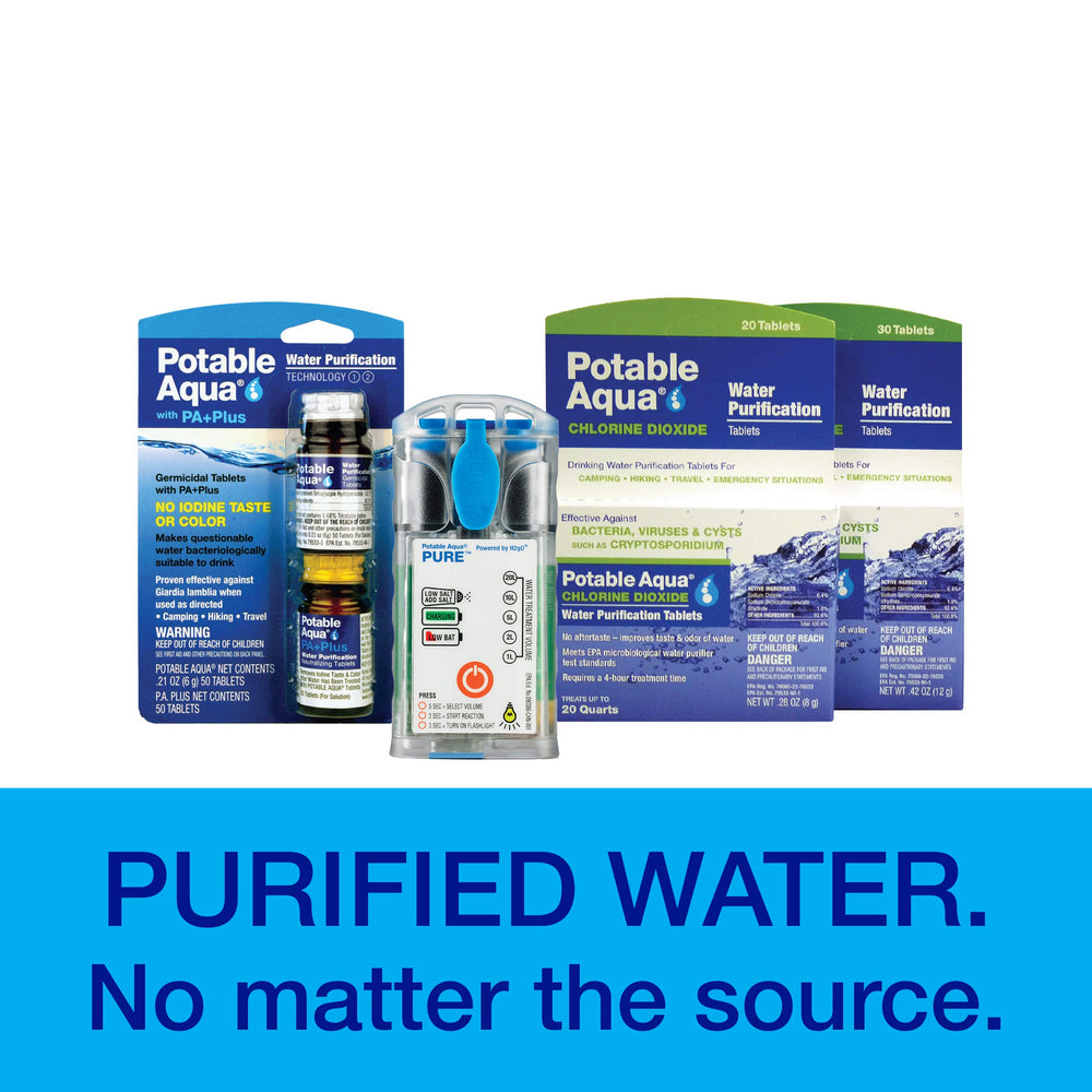 Potable Aqua bottle illustrates strong oxidizing capacity for water treatment.