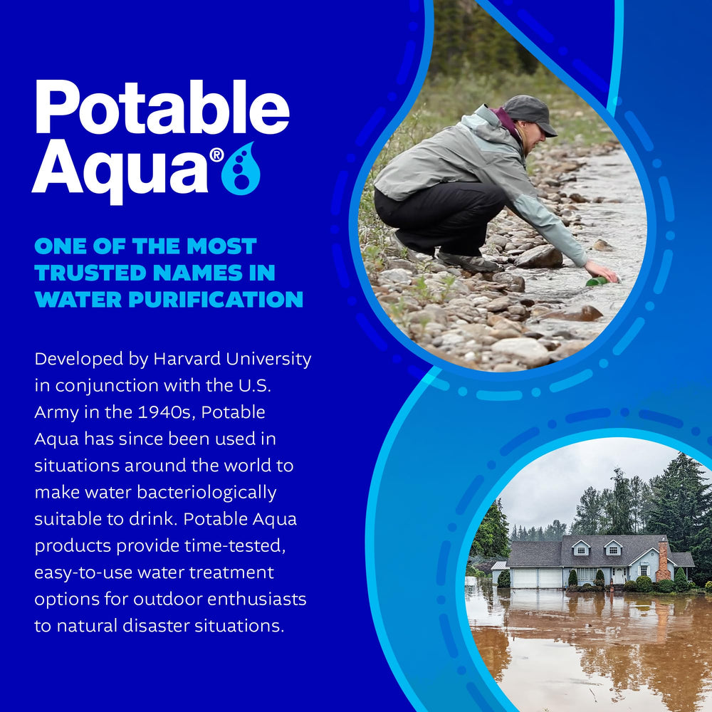 Potable Aqua packaged water purification tablets for field use.