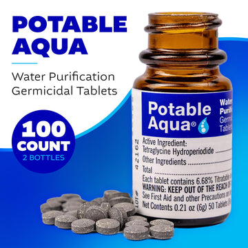 Potable Aqua tablet-dispensing close-up showing quick purification for uncertain water sources.