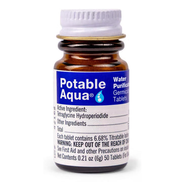 Potable Aqua tablets bottle for reliable outdoor water purification during camping.