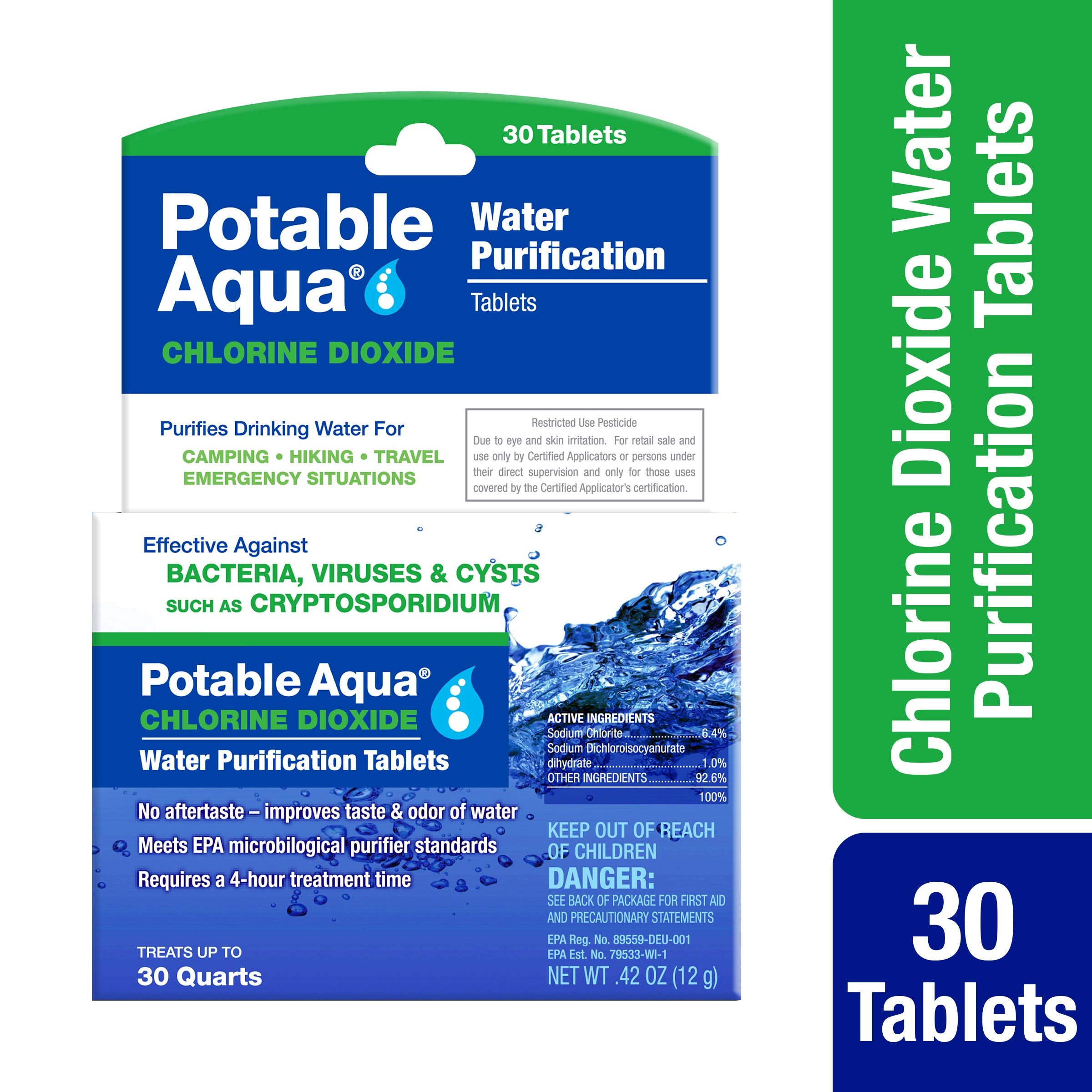 Potable Aqua tablets dissolving in water to purify on outdoor adventures.