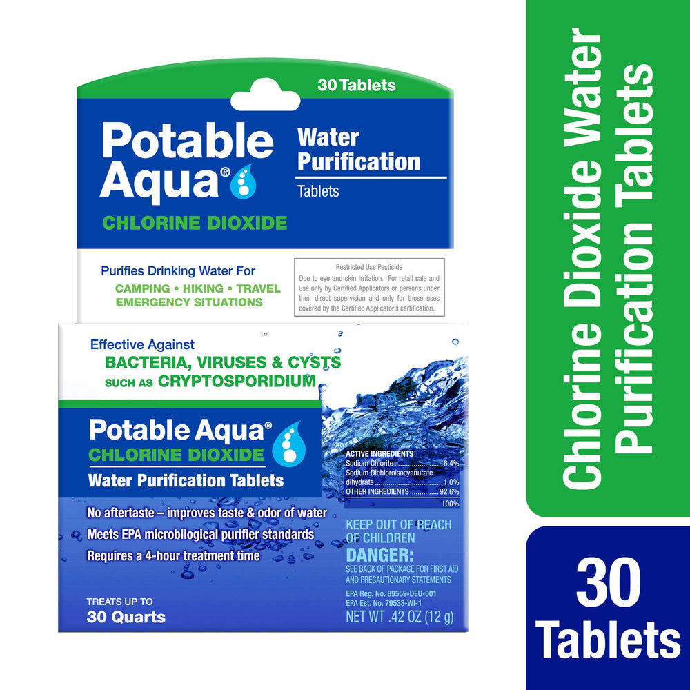 Potable Aqua tablets dissolving in water to purify on outdoor adventures.