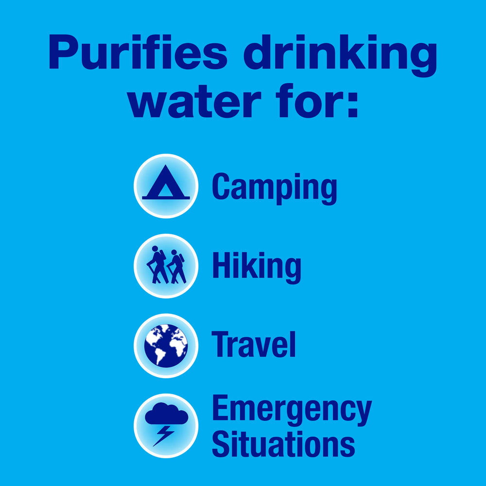 Potable Aqua tablets poured into a bottle to treat hiking water.