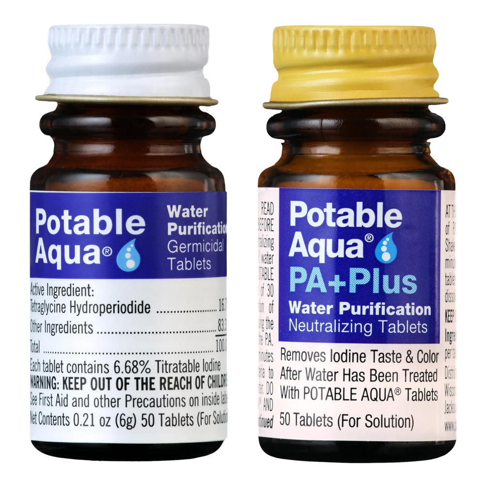 Potable Aqua two 50-count bottles ready for emergencies and camping.