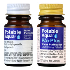 Potable Aqua two 50-count bottles ready for emergencies and camping.